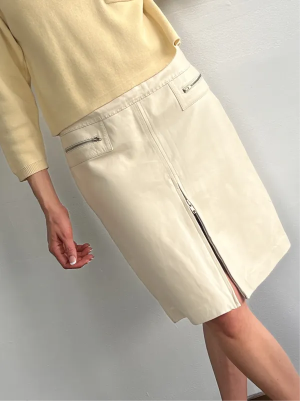 Zip Leather Skirt - Cream