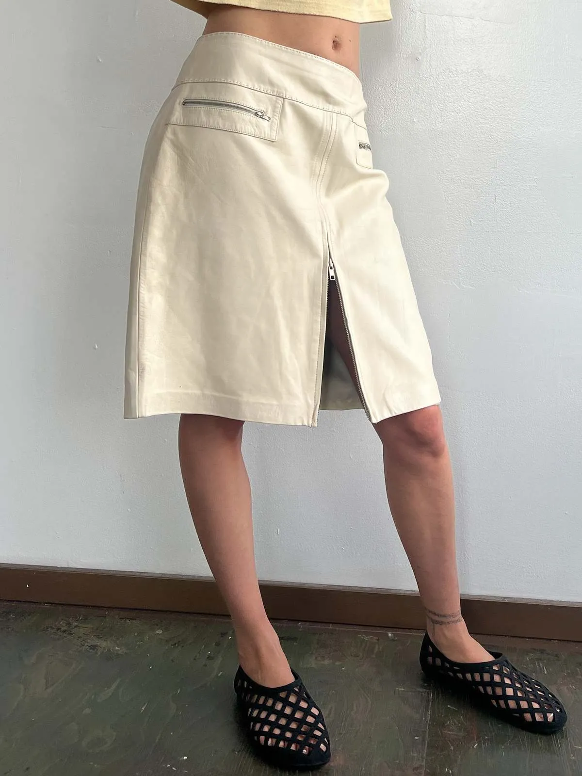 Zip Leather Skirt - Cream