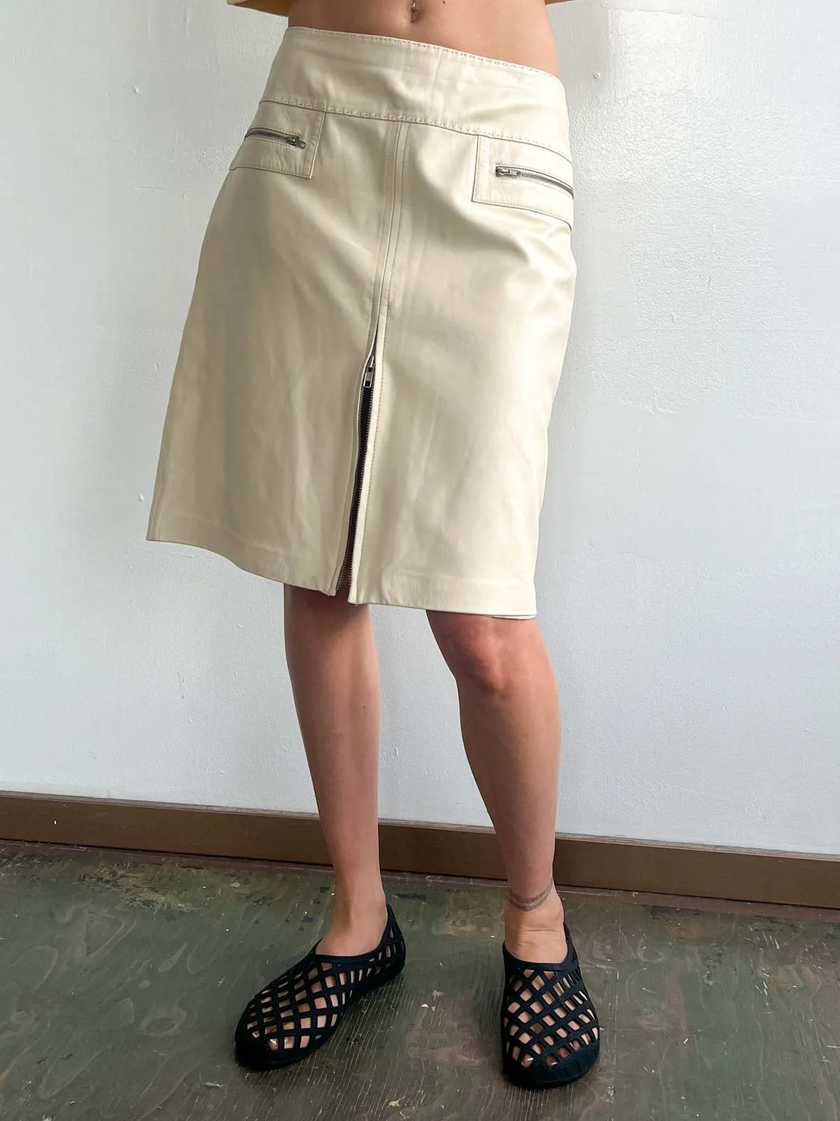 Zip Leather Skirt - Cream