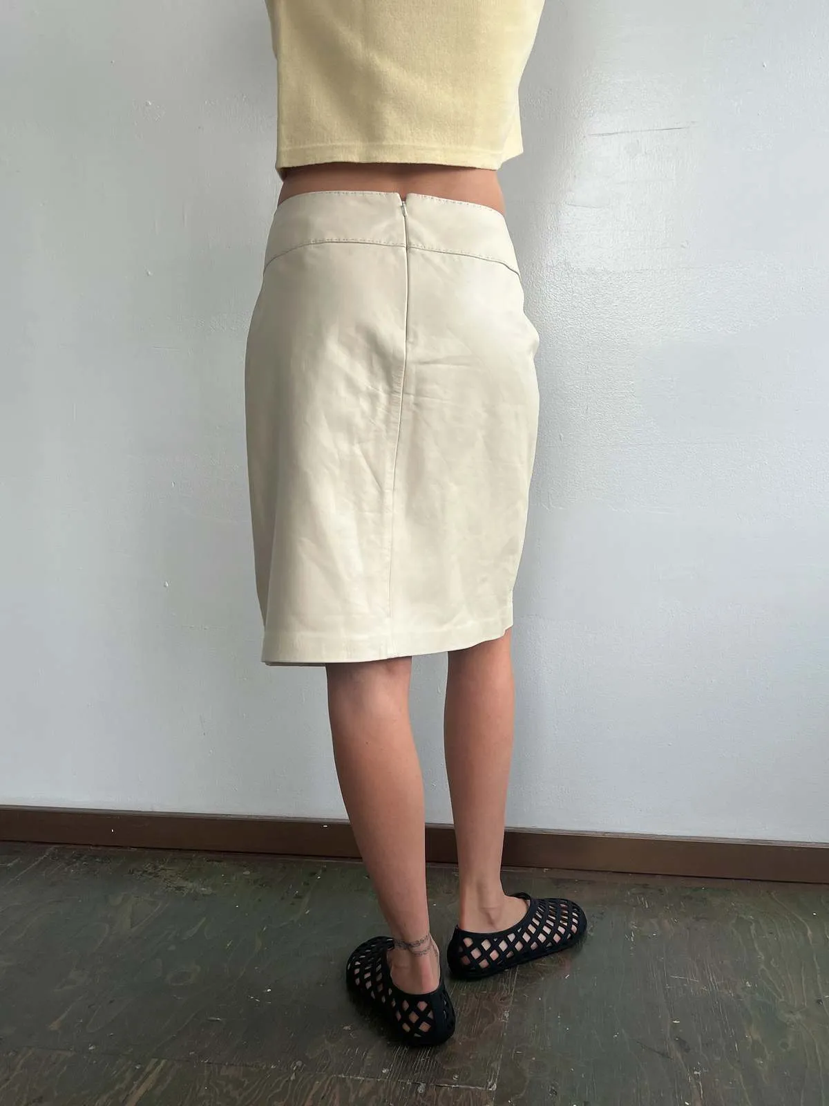 Zip Leather Skirt - Cream